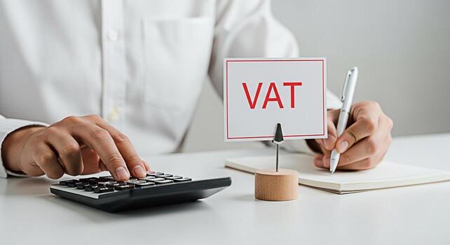 Focused accountant calculating VAT on a white desk with a calculator and pen meticulously recording financial data in a notebook conveying precision and attention to detail in a professional setting photo