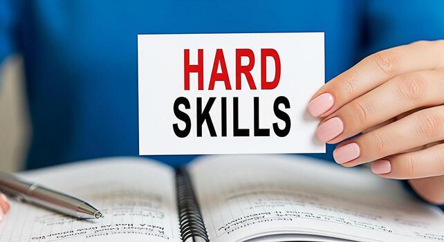 Closeup of a womans hand holding a card with the words Hard Skills over an open notebook with a pen emphasizing the importance of technical abilities in a professional and educational setting for care photo