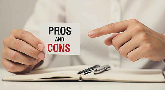 Closeup of a person holding a card with Pros and Cons written on it pointing at the text while sitting at a desk with a notebook and pen representing decisionmaking and thoughtful consideration photo