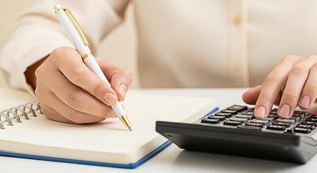 Closeup of a womans hands calculating finances and writing in a notebook on a white desk representing financial planning budgeting and accounting with a focus on accuracy and attention to detail photo