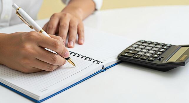 Focused hands writing in a notebook with a pen next to a calculator on a white desk representing financial planning budgeting and taking notes for business or personal use in a bright organized settin photo