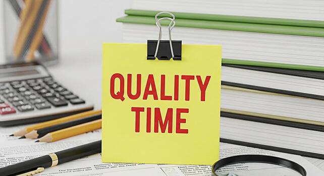 Yellow sticky note displaying Quality Time on a cluttered office desk with a calculator pencils pen magnifying glass and stacked books symbolizing the importance of focused and meaningful work session photo