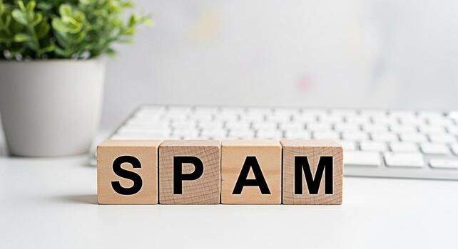 Wooden blocks spelling SPAM on a white desk with a computer keyboard and a green plant representing unwanted emails and messages in a modern office setting conveying a sense of frustration and annoyan photo