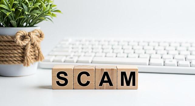 Wooden blocks spelling SCAM on a white desk with a computer keyboard and a potted plant in the background representing online fraud financial risk and the importance of cybersecurity awareness photo