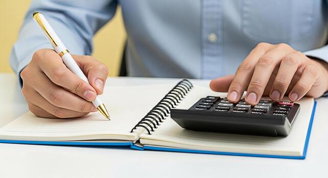 Closeup of a person calculating finances and writing in a notebook on a bright desk showcasing financial planning accounting and careful management for a secure and prosperous future photo