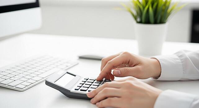 Closeup of a person calculating finances on a calculator in a bright minimalist office setting conveying a sense of precision and financial responsibility for business and accounting tasks photo