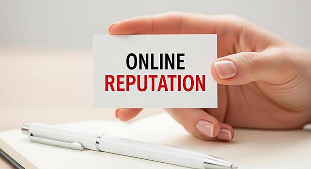 Closeup of a hand holding a card displaying Online Reputation in a bright neutral setting symbolizing the importance of managing digital presence and maintaining a positive brand image in the digital photo