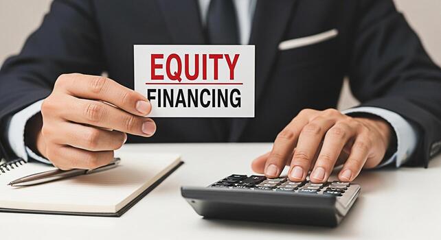 Focused businessman calculates equity financing options at his desk holding a card displaying Equity Financing while using a calculator and taking notes conveying a sense of financial planning and inv photo
