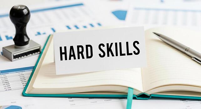Closeup of a business card displaying Hard Skills on an open notebook in a professional office setting emphasizing the importance of technical abilities and expertise for career advancement and succes photo