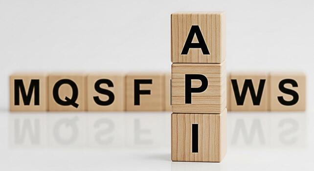 Wooden blocks spelling out API stacked vertically on a white surface representing application programming interface and software development with MQS FWS in the background conveying a clean and modern photo