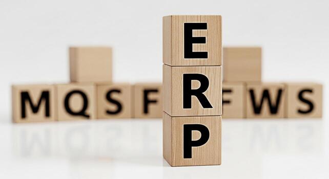 Wooden blocks spelling out ERP in a bright studio environment representing Enterprise Resource Planning business solutions and efficient management systems for streamlined operations and improved prod photo
