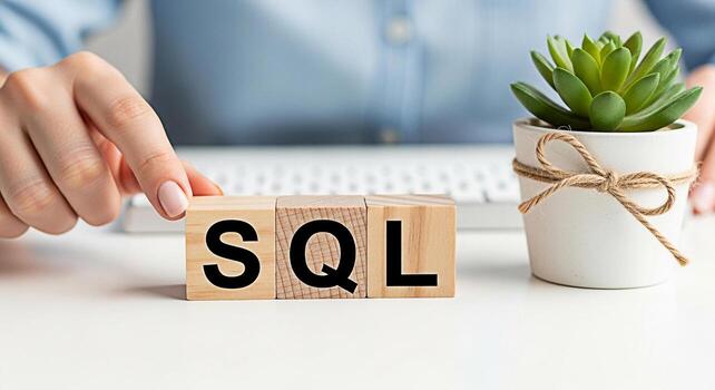 Woman arranging wooden blocks spelling SQL on a white desk with a succulent plant symbolizing database management and structured query language in a modern clean workspace promoting data solutions photo