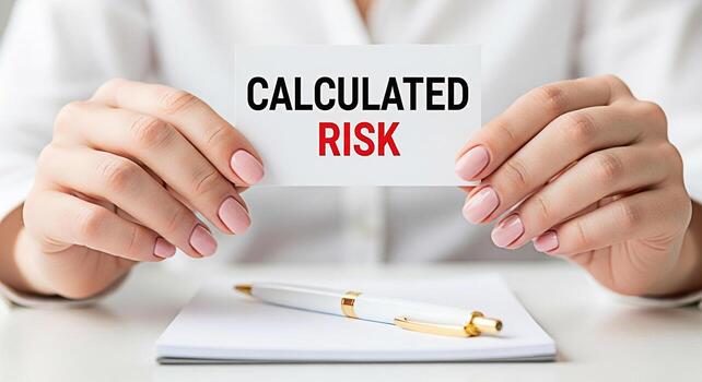 mujer de negocios mostrando un tarjeta con el palabras calculado riesgo en un brillante oficina ajuste enfatizando estratégico Toma de decisiones y un pensativo Acercarse a retos transporte un sentido de controlar y foto