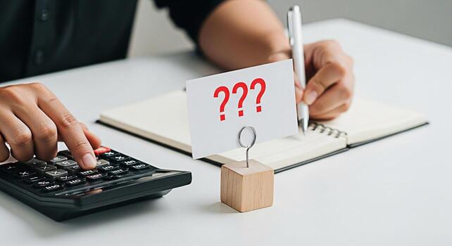 Focused accountant calculating finances at a bright desk with a notepad and a card displaying question marks symbolizing uncertainty and the need for financial planning and problemsolving photo