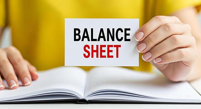 Womans hands holding a balance sheet card over an open notebook on a white desk symbolizing financial analysis accounting and the importance of maintaining a clear financial overview for business succ photo