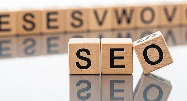 Wooden blocks spelling SEO on a reflective surface representing search engine optimization strategies and digital marketing techniques for improved online visibility and website ranking success convey photo