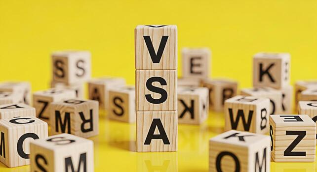 de madera bloques ortografía vsa en pie alto en medio de dispersado alfabeto bloques en un brillante amarillo superficie simbolizando claridad atención y el importancia de preciso comunicación en un vibrante y juguetón sett foto