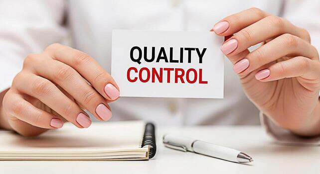 Closeup of manicured hands holding a card with Quality Control text in a bright office setting symbolizing precision and attention to detail in business operations and product management photo