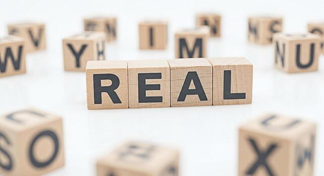 Wooden blocks spelling REAL on a white surface surrounded by other letter blocks conveying a message of authenticity truthfulness and the importance of being genuine in a world of artificiality and de photo