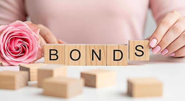 Womans hands completing the word BONDS with wooden blocks on a white table next to a pink rose symbolizing connection commitment and financial security in a delicate and loving environment photo
