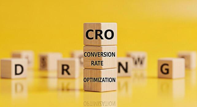 Stacked wooden blocks displaying CRO Conversion Rate Optimization on a vibrant yellow background symbolizing business growth improved performance and successful digital marketing strategies for increa photo
