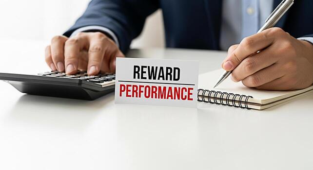 Focused professional calculating reward performance on a calculator and taking notes in a bright modern office setting emphasizing financial success and employee motivation promoting a culture of reco photo