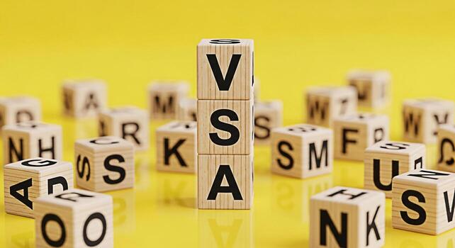 Wooden blocks spelling VSA standing tall among scattered letter blocks on a bright yellow surface symbolizing visual spatial ability learning and educational development with a playful and engaging mo photo