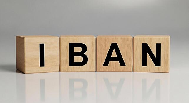 de madera bloques mostrando iban en un reflexivo superficie representando internacional bancario normas y financiero actas transporte un sentido de seguridad y global comercio en un neutral ajuste foto