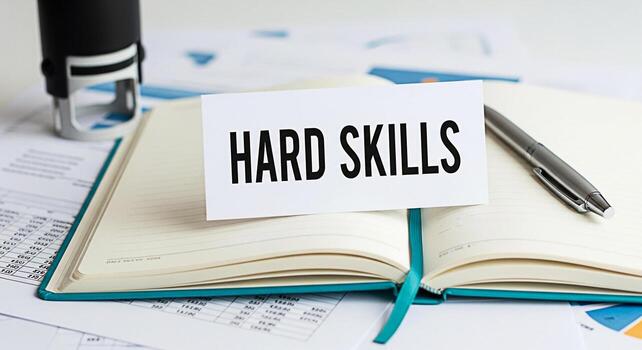 Closeup of a notebook displaying Hard Skills in a bright modern office environment emphasizing the importance of professional development and career advancement with a pen and stamp nearby promoting c photo