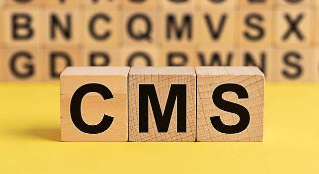 Wooden blocks displaying CMS on a yellow surface representing content management system in a simple and educational way ideal for learning web development and online business concepts in a studio sett photo