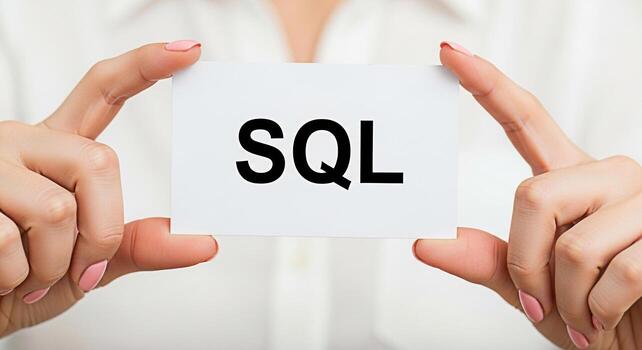 Closeup of hands holding a card with SQL printed on it in a bright clean studio setting representing data management and database technology with a focus on clarity and precision photo