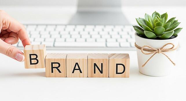 Hand arranging wooden blocks spelling BRAND on a white desk with a succulent plant and computer keyboard in the background symbolizing brand building marketing strategy and a positive business environ photo