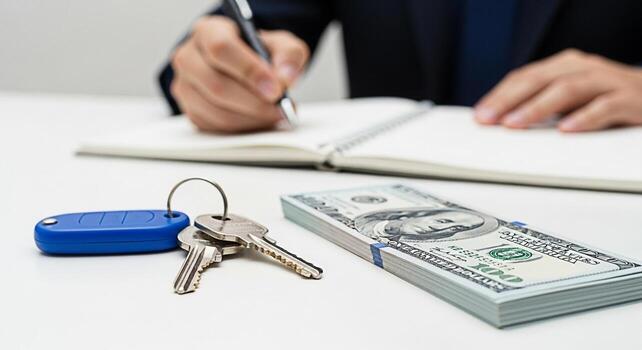 Man signing a contract on a white desk with a stack of money and car keys symbolizing a new car purchase financial investment and the excitement of acquiring a new asset with careful planning photo