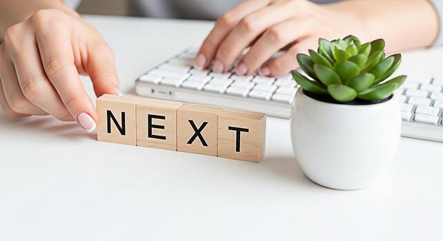 Female hands arranging wooden blocks spelling NEXT on a white desk with a keyboard and succulent symbolizing progress future planning and a positive outlook in a clean modern workspace photo