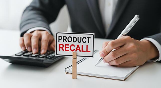 Business professional calculating costs and writing notes about a product recall in a bright office setting conveying a sense of urgency and financial analysis related to quality control and risk mana photo