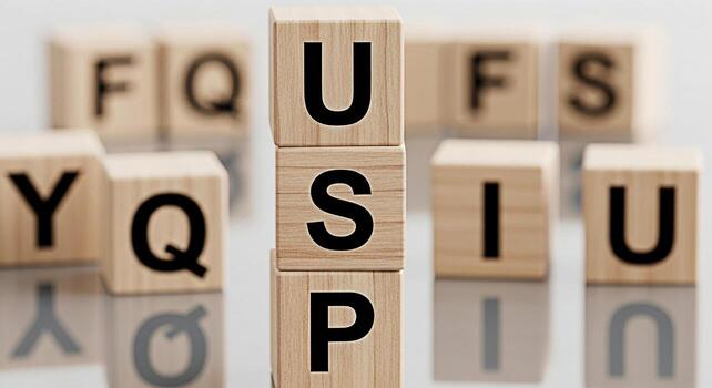Wooden blocks displaying the acronym USP standing tall on a reflective surface symbolizing unique selling proposition and business strategy in a minimalist and clean environment conveying a sense of c photo