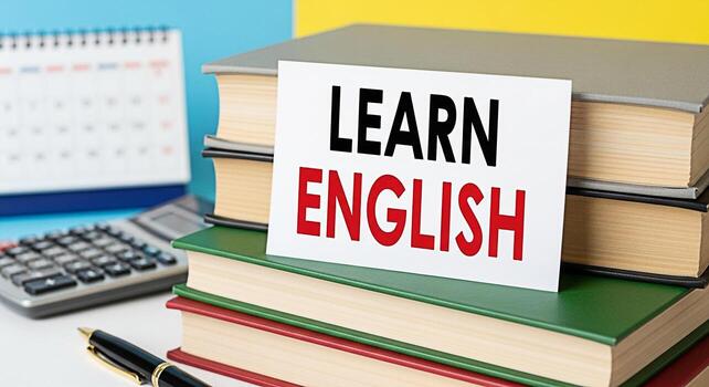 de cerca de apilado libros con un aprender Inglés tarjeta un bolígrafo calculadora y calendario en un blanco mesa simbolizando educación idioma aprendizaje y académico éxito en un brillante y organizado estudiar medio ambiente foto