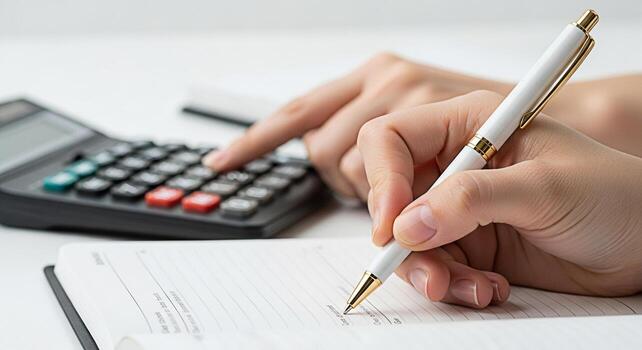 Closeup of hands calculating finances and writing in a notebook on a white desk portraying financial planning and organization with a modern pen and calculator in a clean bright workspace photo