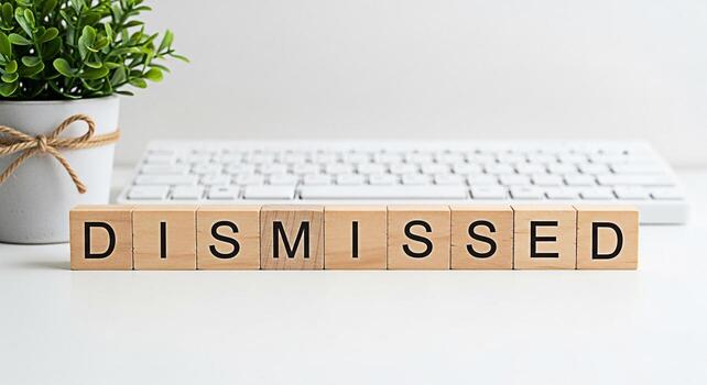 Wooden blocks spelling Dismissed on a white desk with a keyboard and potted plant representing job loss rejection or failure in a clean minimalist office environment creating a somber and reflective m photo