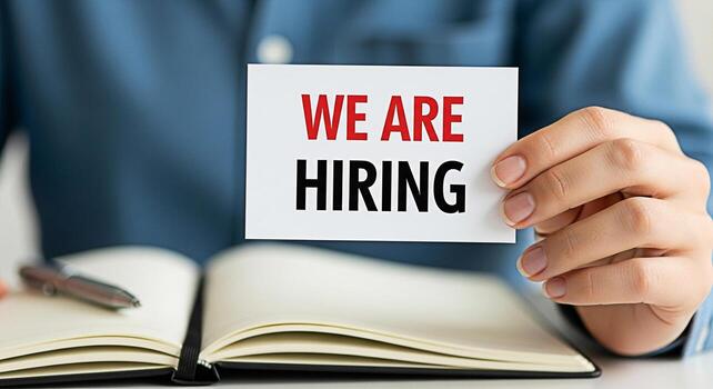 Closeup of a hand holding a We Are Hiring card over an open notebook with a pen symbolizing recruitment and new job opportunities in a professional and inviting setting conveying a sense of growth and photo