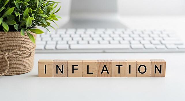 Wooden blocks spelling INFLATION on a white desk with a potted plant and computer keyboard in the background representing economic challenges and financial uncertainty in a modern workspace photo