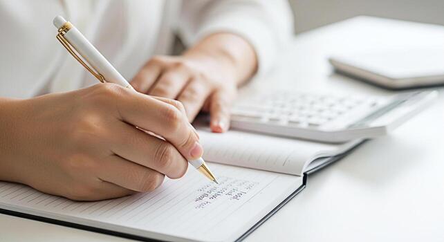 Closeup of a person writing in a notebook with a pen on a white desk capturing the essence of planning organizing and productivity in a clean and minimalist workspace fostering a sense of focus and ef photo