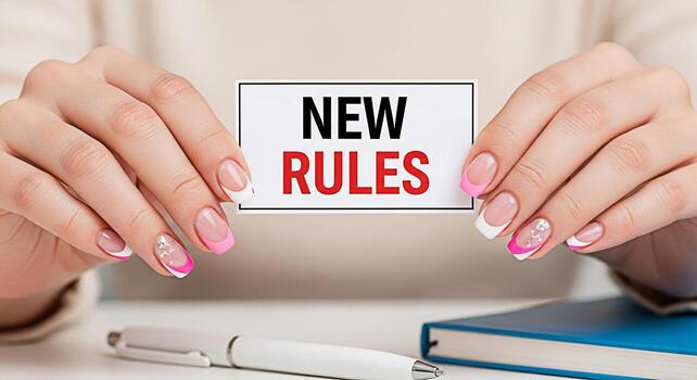 mujeres cuidado manos participación un firmar con el palabras nuevo reglas en un brillante limpiar oficina ambiente simbolizando cambio política actualizaciones y un Fresco comienzo con un atención en moderno negocio practicas foto