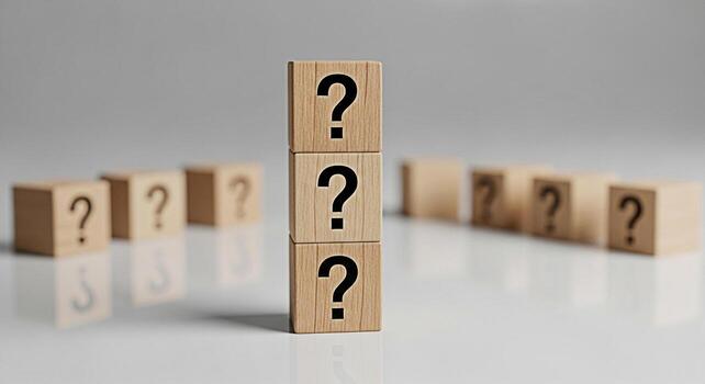 apilado de madera bloques mostrando pregunta marcas en un reflexivo superficie simbolizando incertidumbre y el buscar para respuestas en un limpiar minimalista ambiente evocando curiosidad y resolver problemas foto