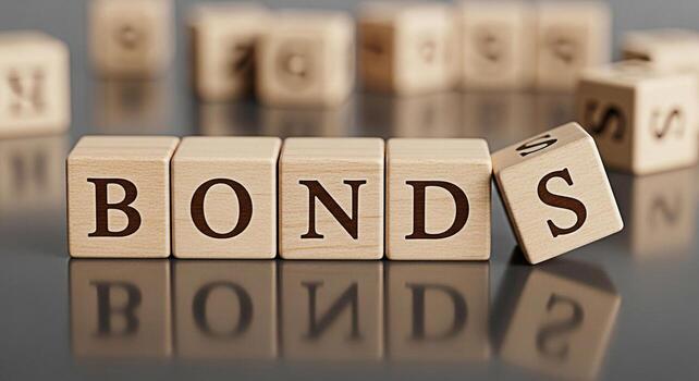 Wooden blocks spelling BONDS on a reflective surface representing financial investments and security in a stable controlled environment conveying trust and reliability for longterm financial planning photo
