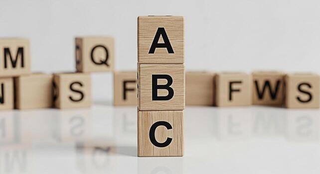 Stacked wooden alphabet blocks displaying ABC in a bright studio setting symbolizing early childhood education learning the basics and the joy of discovery through simple tactile educational toys photo