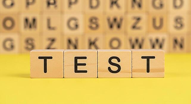 Wooden blocks spelling TEST on a bright yellow surface surrounded by blurred letter blocks representing a concept of examination assessment and evaluation in an educational or professional setting photo