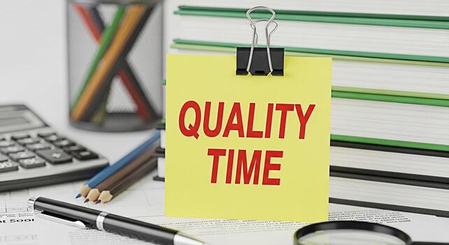 Focused yellow sticky note displaying Quality Time in a bright office environment emphasizing the importance of mindful moments and effective time management for productivity and wellbeing in a busy w photo