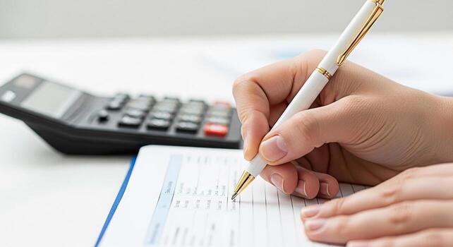 Closeup of a person filling out a form with a pen on a desk with a calculator representing financial planning and attention to detail in a professional and organized environment photo