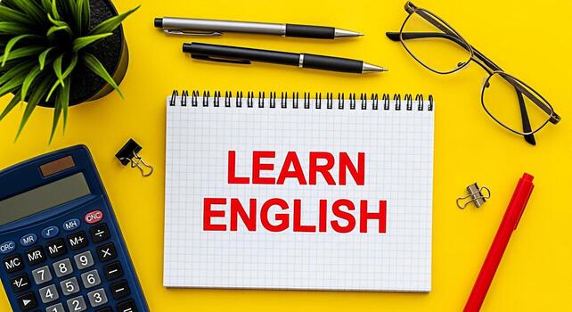 Bright yellow workspace featuring a notebook with the words Learn English in bold red letters surrounded by pens glasses a calculator and a small plant creating a vibrant and educational atmosphere photo